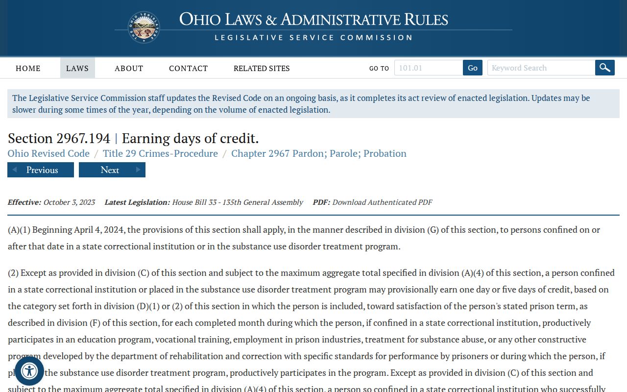 Ohio earned-credit law affecting Noble County projected release dates