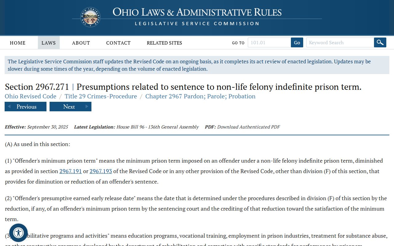 Ohio indefinite sentence rules for a Noble County inmate release date