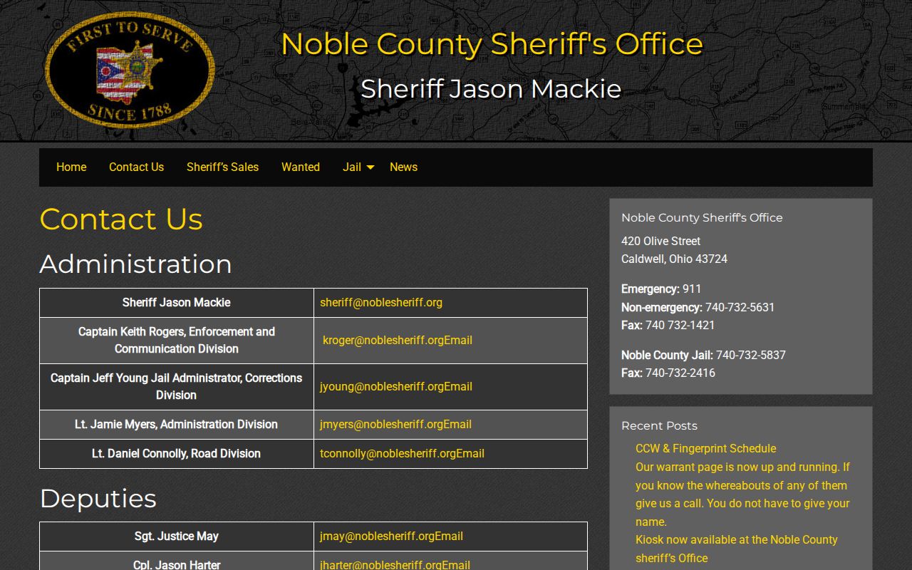 Noble County Jail release records administrator contact