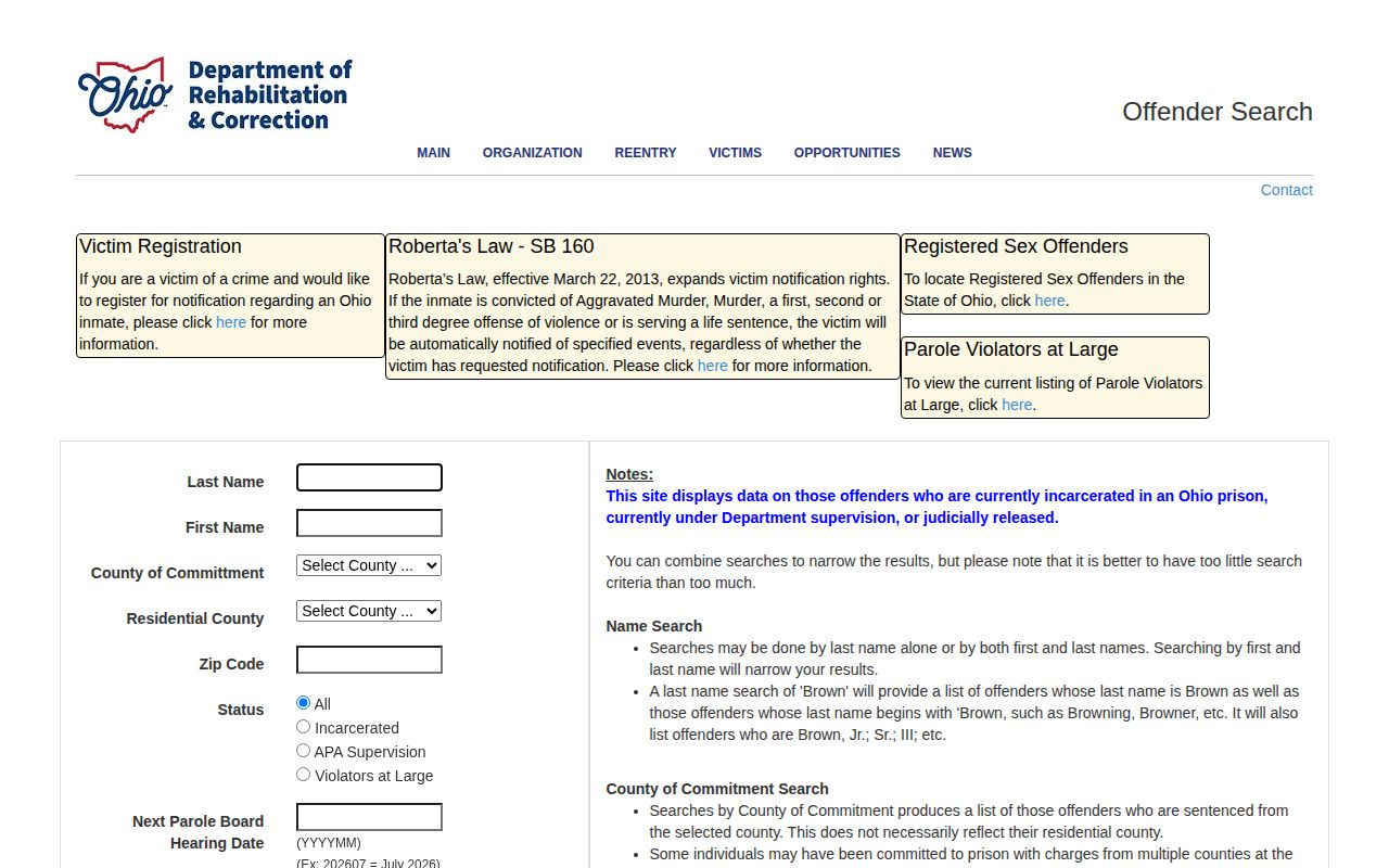 ODRC Noble Correctional Institution offender release search