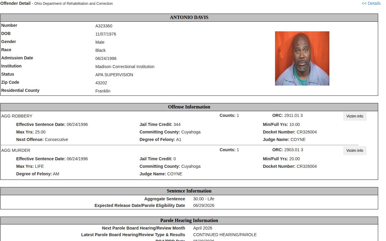 Noble County parole record fields in an official ODRC supervision example