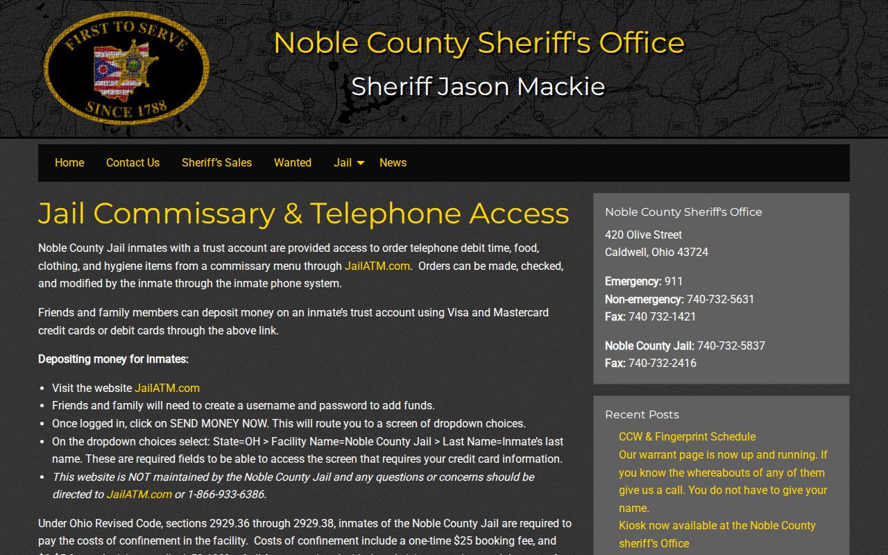Noble County jail release balance and confinement fee policy