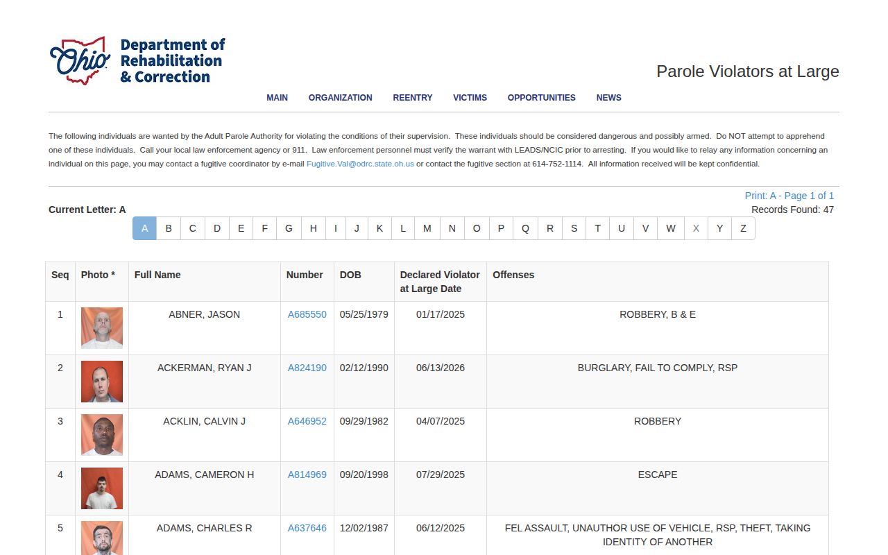 Ohio ODRC Violators at Large source for Noble County parole verification